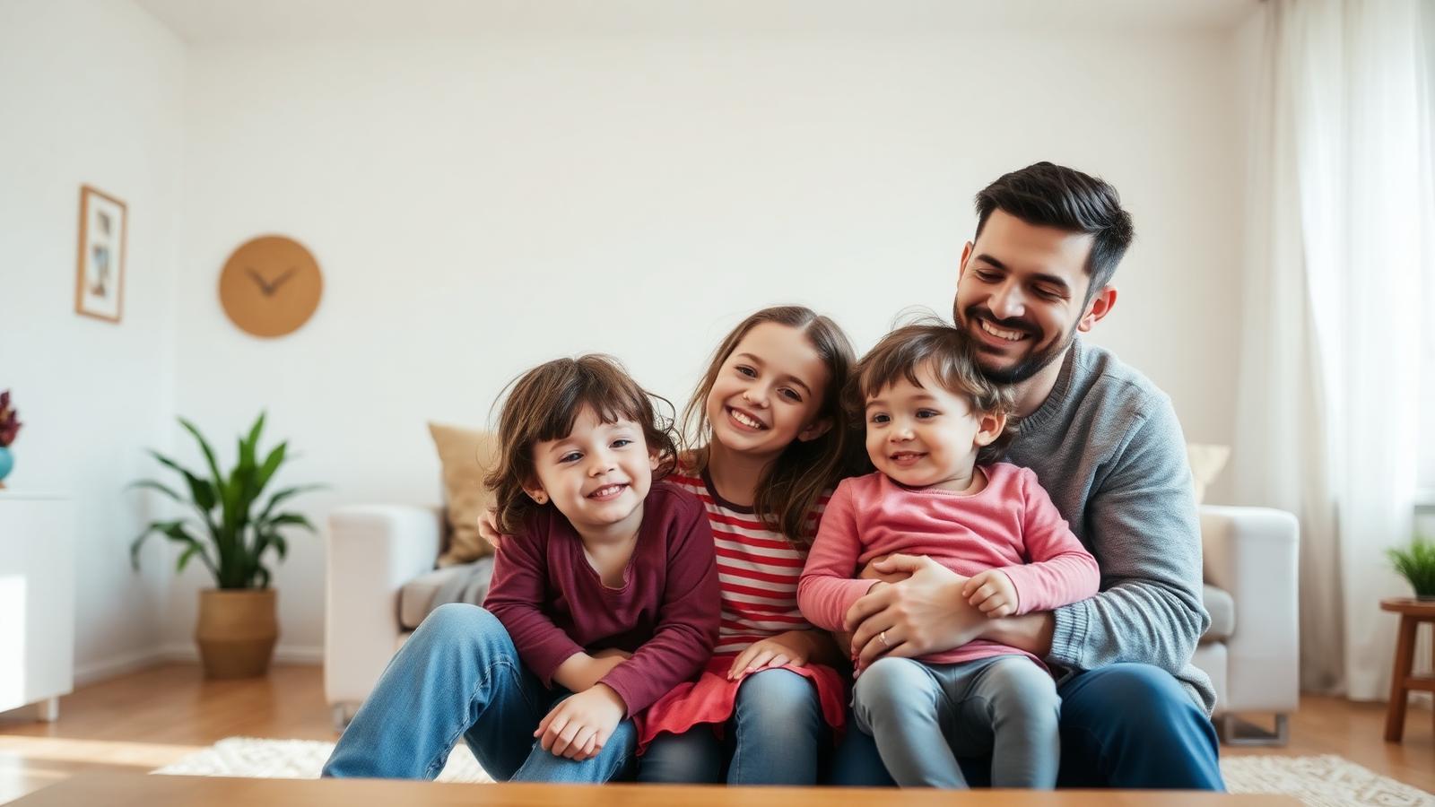 A young family sitting together in a bright living room