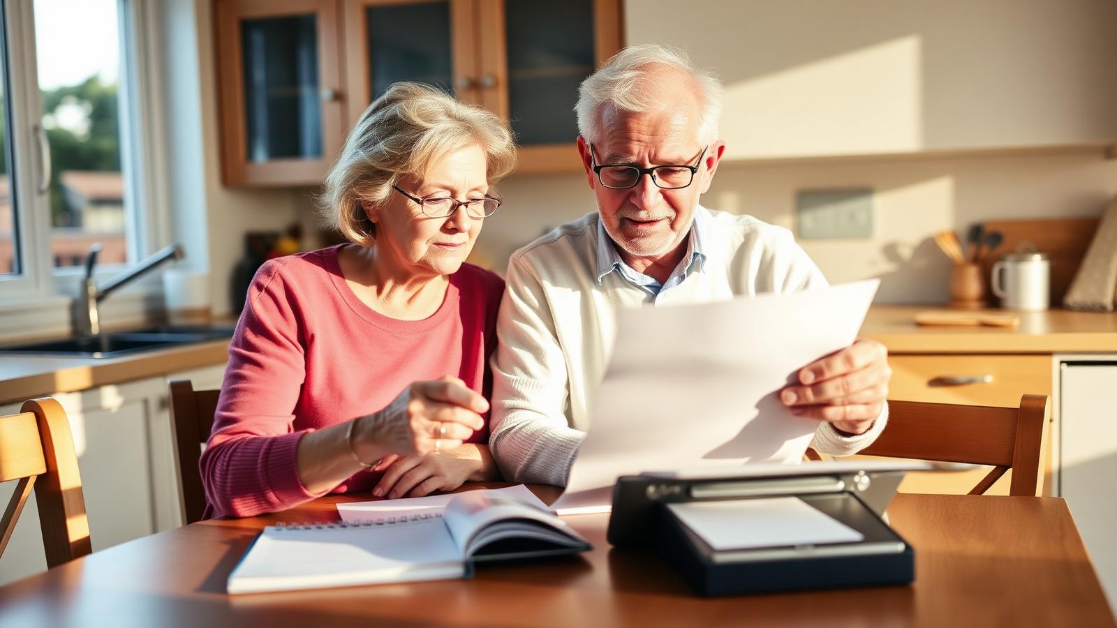 A retired couple reviewing paperwork at their kitchen table