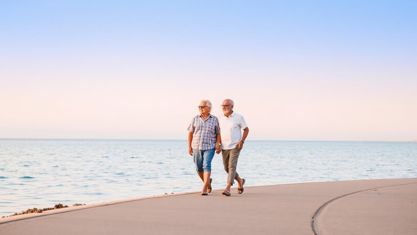 An older couple walking along the shoreline at golden hour