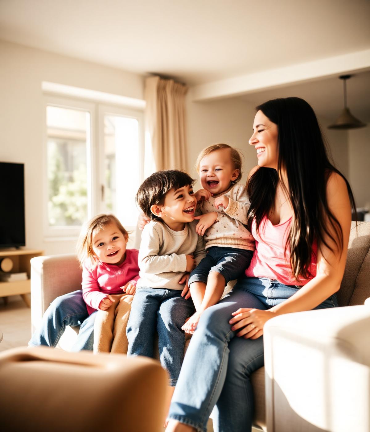 A family together in a bright living room